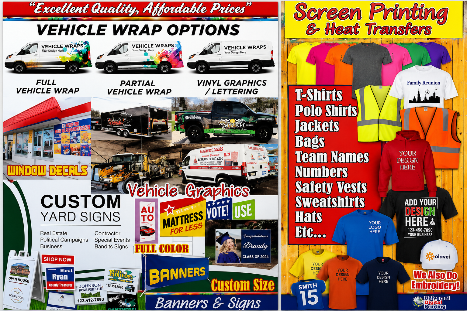 Preview of services: vehicle wraps, banners, yard signs, screen printing and apparel